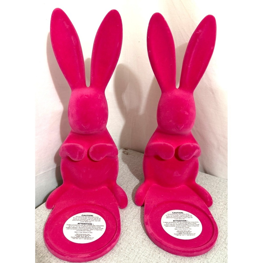 Set of 2 Bath & Body Works Pink Flocked Easter Bunny 3-Wick Candle Holders Only